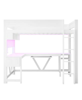 White Wood Full Size Gaming Loft Bed Built In Desk Charging Station LED Lighting Storage Shelves Multifunctional Modern Living Space Furniture