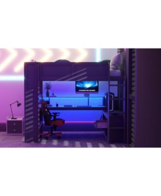 Dark Gray Wood Full Size Gaming Loft Bed Built In Desk Charging Station Storage Shelves LED Lighting Space Saving Teens Adults Furniture