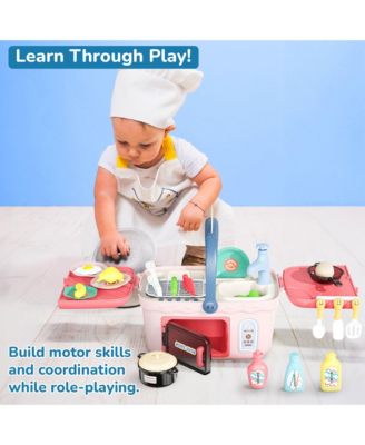 Kids Kitchen & Picnic Playset, Interactive Grill, Sink, Oven, Lights & Music, Color-Changing Foods, Toddler Toys Ages 3+