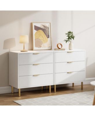 3-Drawer Modern White Dresser, 30" Tall, Fluted Chest with Gold Handles, Anti-Tip Device, Bedroom, Living Room, Kids Room