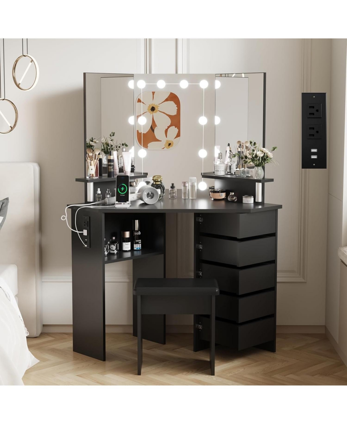 gaomon Corner Makeup Vanity Desk with Lights, Power Outlet, Rotating Drawers, Adjustable Brightness