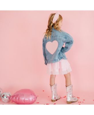 Toddler Girls Pearl Heart Patch Denim Jacket