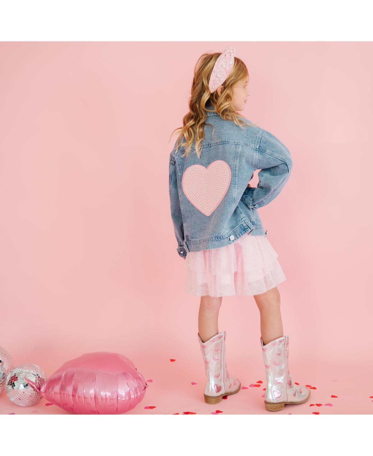 Sweet Wink Toddler Girls Pearl Heart Patch Denim Jacket