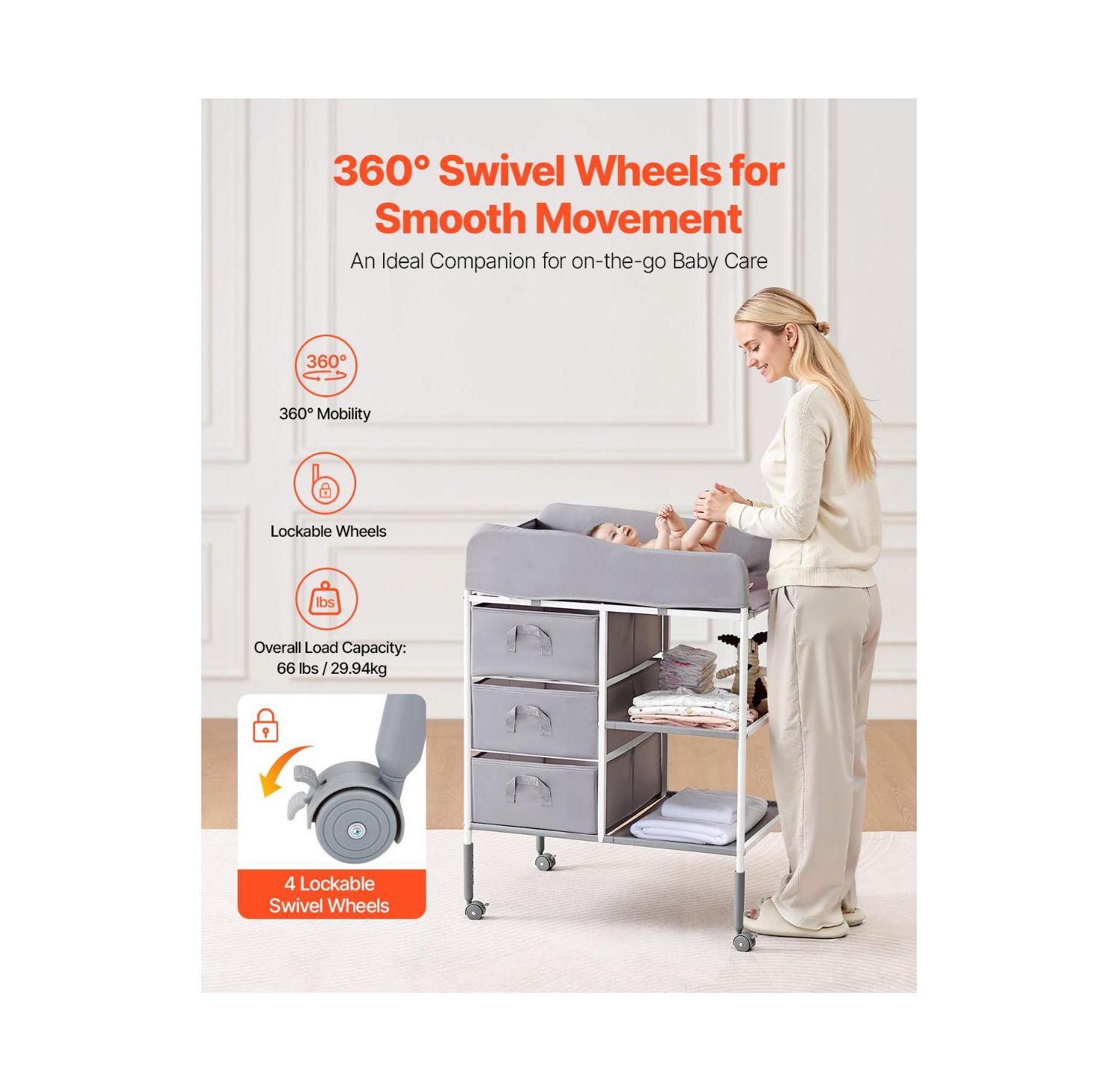 Portable Baby Changing Table with 3 Drawers and Wheels, Diaper Change Station