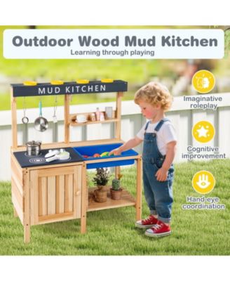 Kids Outdoor Wooden Mud Kitchen Playset with Sink and Cooking Accessories