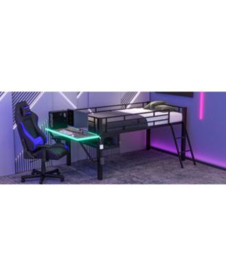 Black Metal Twin Size Gaming Mid Loft Bed with BuiltIn Desk and MultiColor LED Lighting Space Saving Furniture for Kids and Teens Bedrooms