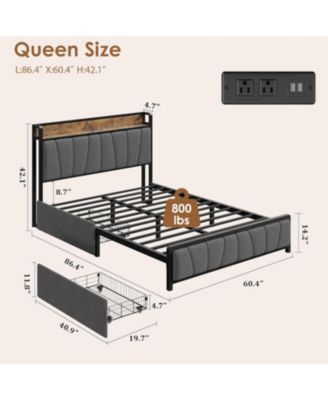 Size Upholstered Bed Frame with Storage Headboard, 2 Drawers, USB Charging Station, No Box Spring Needed, Heavy Duty