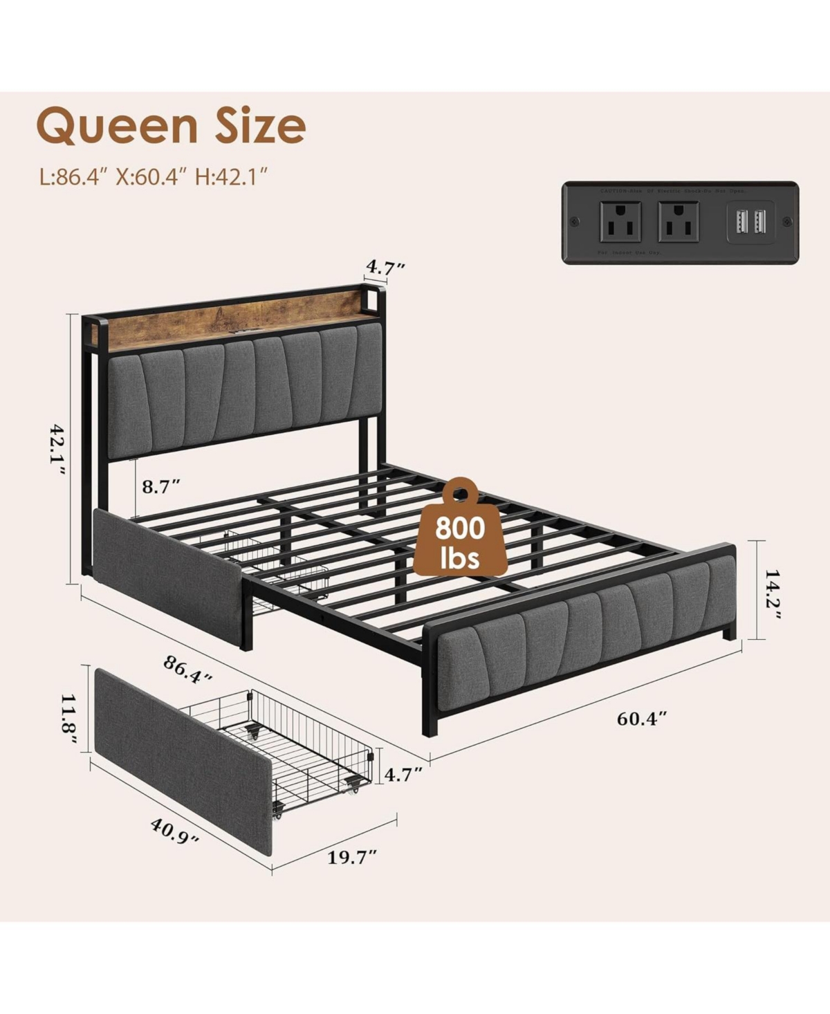 gaomon Size Upholstered Bed Frame with Storage Headboard, 2 Drawers, Usb Charging Station, No Box Spring Needed