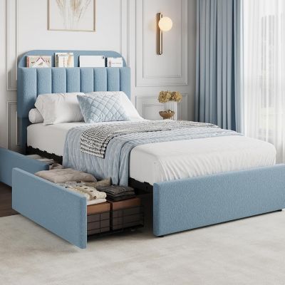 Boucle Upholstered Platform Bed with 2 Storage Drawers and Bookcase Headboard, Noise-Free, Easy Assembly, No Box Spring Needed - Twin