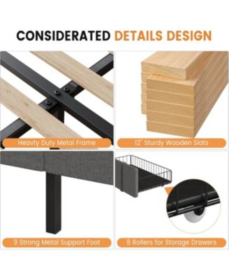 Size Upholstered Platform Bed Frame with 2 Storage Drawers, Solid Wood Slats, No Box Spring Needed, Noise-Free