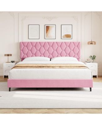 King Size Bed Frame with Upholstered Headboard, Wood Slat Platform, No Box Spring Needed, Noise-Free, Easy Assembly