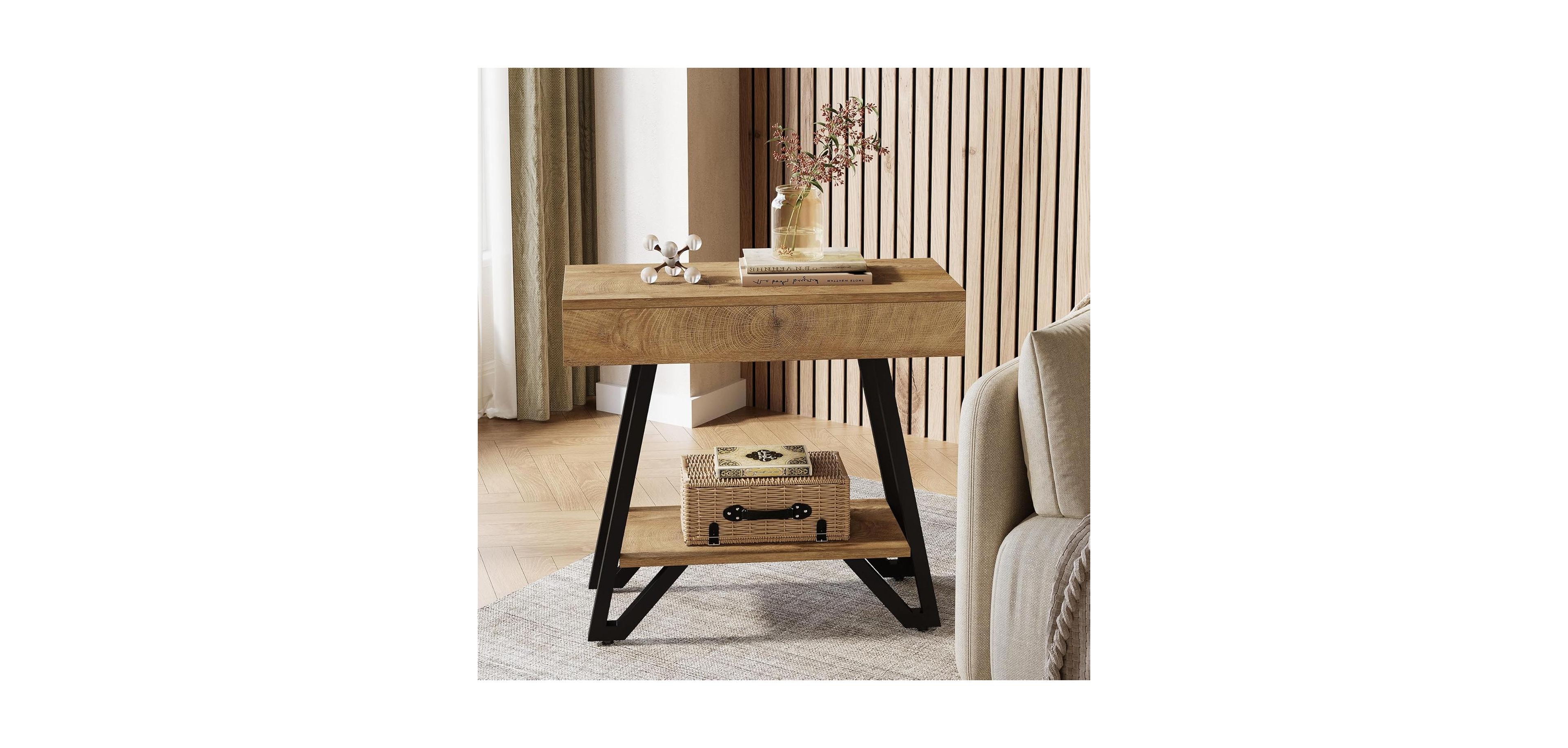 Tribesigns End Side Table for Living Room, Narrow Couch Arm Side Table with Storage Shelves, Small Bedside Nightstand