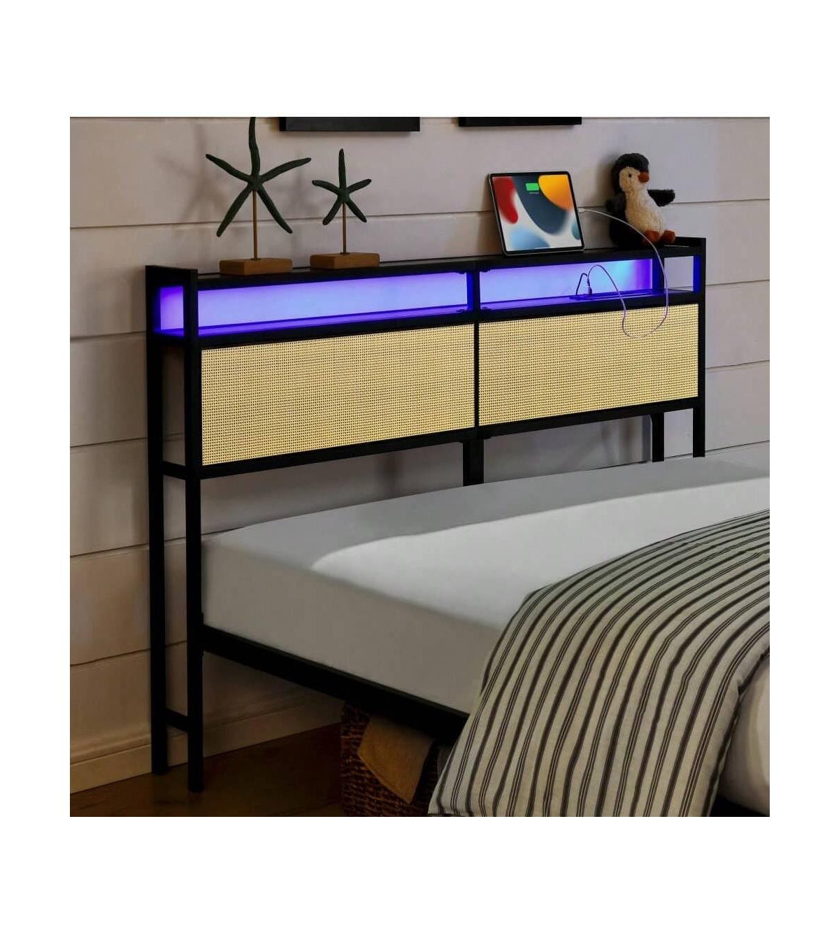 gaomon Full Size/Queen Size Bed Frame with Rattan Headboard, Metal Platform Bed with Led Light Usb Charging Port