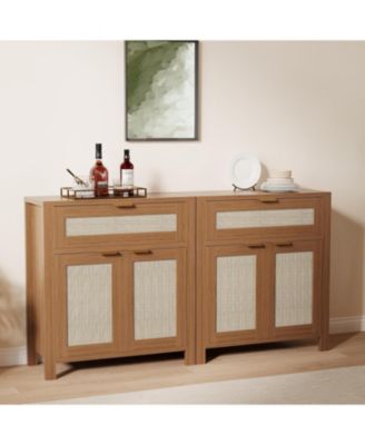 Rattan Buffet Cabinet with Storage, Narrow Sideboard with Doors & Drawer, Wood Console Table for Living Room