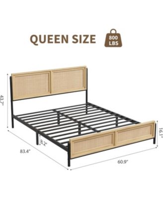 Queen Size Boho Bed Frame with Natural Rattan Headboard & Footboard, 14" Metal Platform, No Box Spring Needed