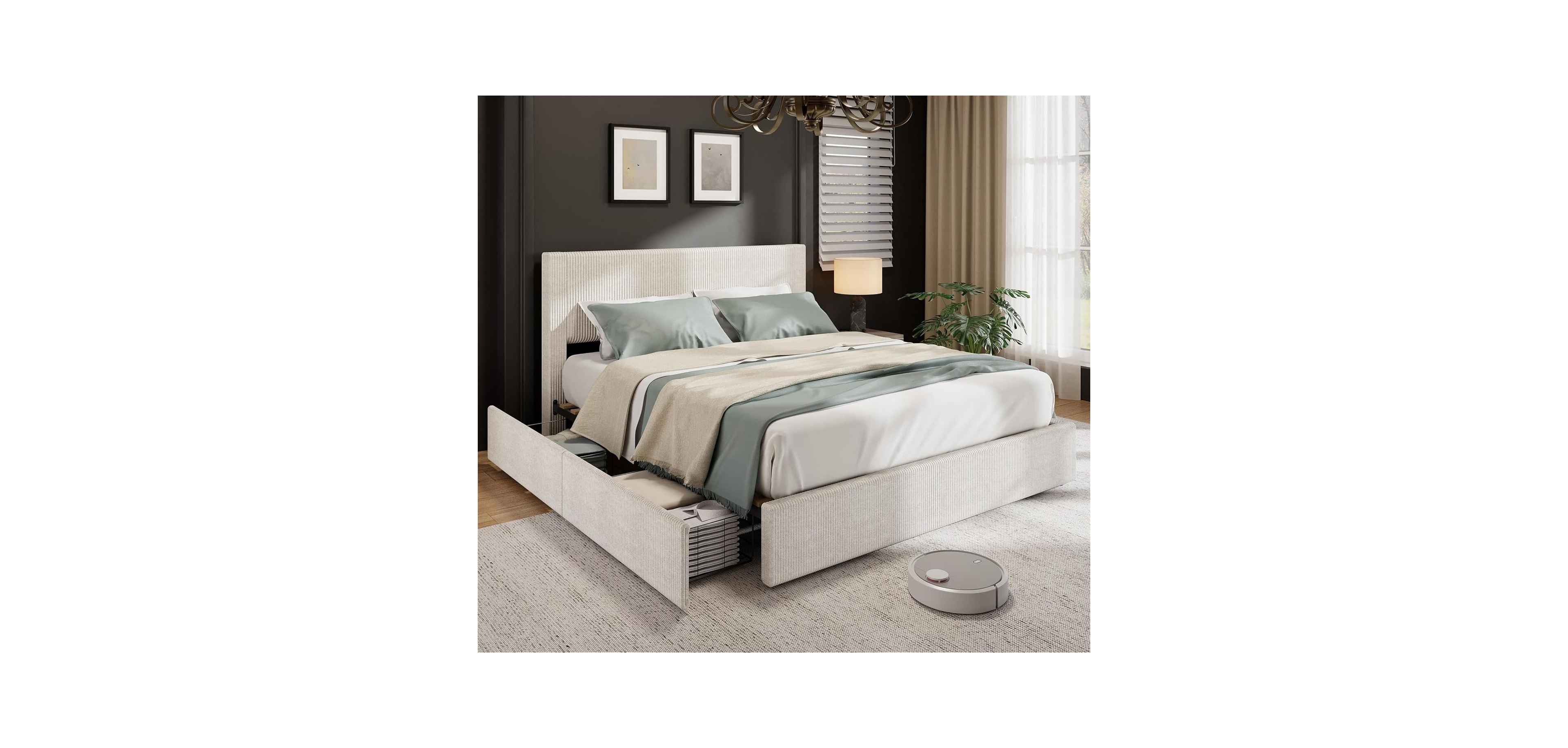Gaomon Corduroy Upholstered Platform Bed Frame with Tufted Wingback Headboard, Wood Slat Support, and 4 Storage Drawers.