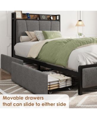 King Size Upholstered Bed Frame with Storage Headboard, 2 Drawers, USB Charging Station, No Box Spring Needed, Heavy Duty