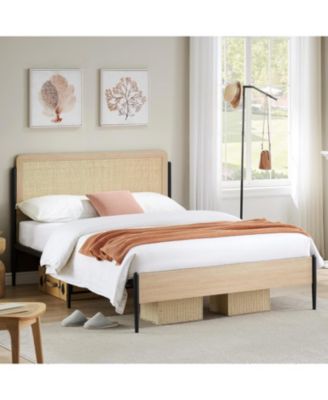 Boho Bed Frame with Rattan Headboard & Wood Footboard, Under Bed Storage, No Box Spring Needed - Standard/Queen