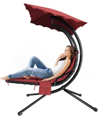 Chaise Lounger Swing Chair with Umbrella Canopy, Patio Hanging Lounge Chair with Stand, Curved Steel Outdoor Chair for Pool, Garden, Backyard