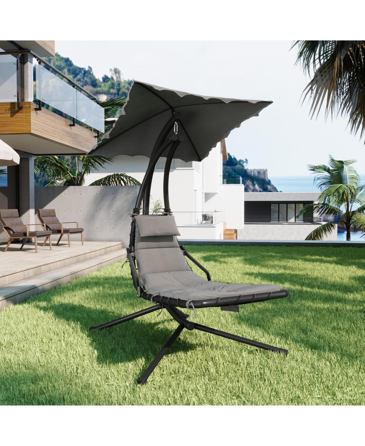 gaomon Chaise Lounger Swing Chair with Umbrella Canopy, Patio Hanging Lounge Stand, Curved Steel Outdoor for Pool, Garden, Backyard