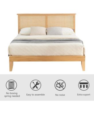 Bohemian Platform Bed Frame with Rattan Storage Headboard, Adjustable LED Lights, Solid Wood Support, No Box Spring Needed - Full