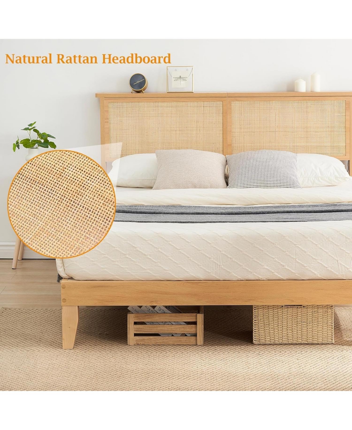 gaomon Bohemian Platform Bed Frame with Rattan Storage Headboard, Adjustable Led Lights, Solid Wood Support, No Box Spring Needed