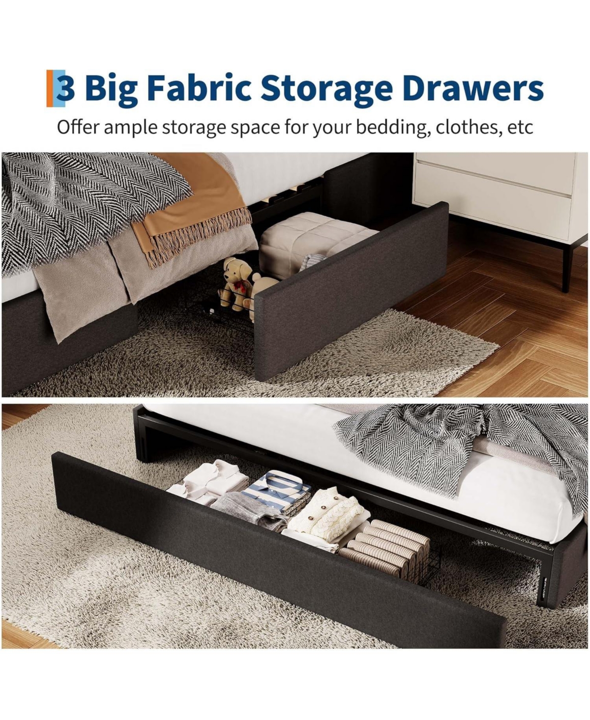 gaomon Full Bed Frame with 3 Storage Drawers, Upholstered Platform, Wooden Slat Support, Customizable Headboard, No Box Spring Needed