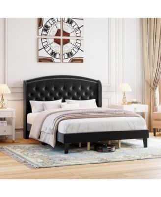 King Velvet Platform Bed with Wingback Tufted Headboard & Wood Slats, No Box Spring Required