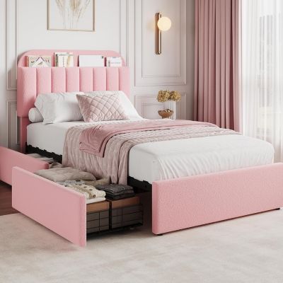 Boucle Upholstered Platform Bed with 2 Storage Drawers and Bookcase Headboard, Noise-Free, Easy Assembly, No Box Spring Needed - Twin