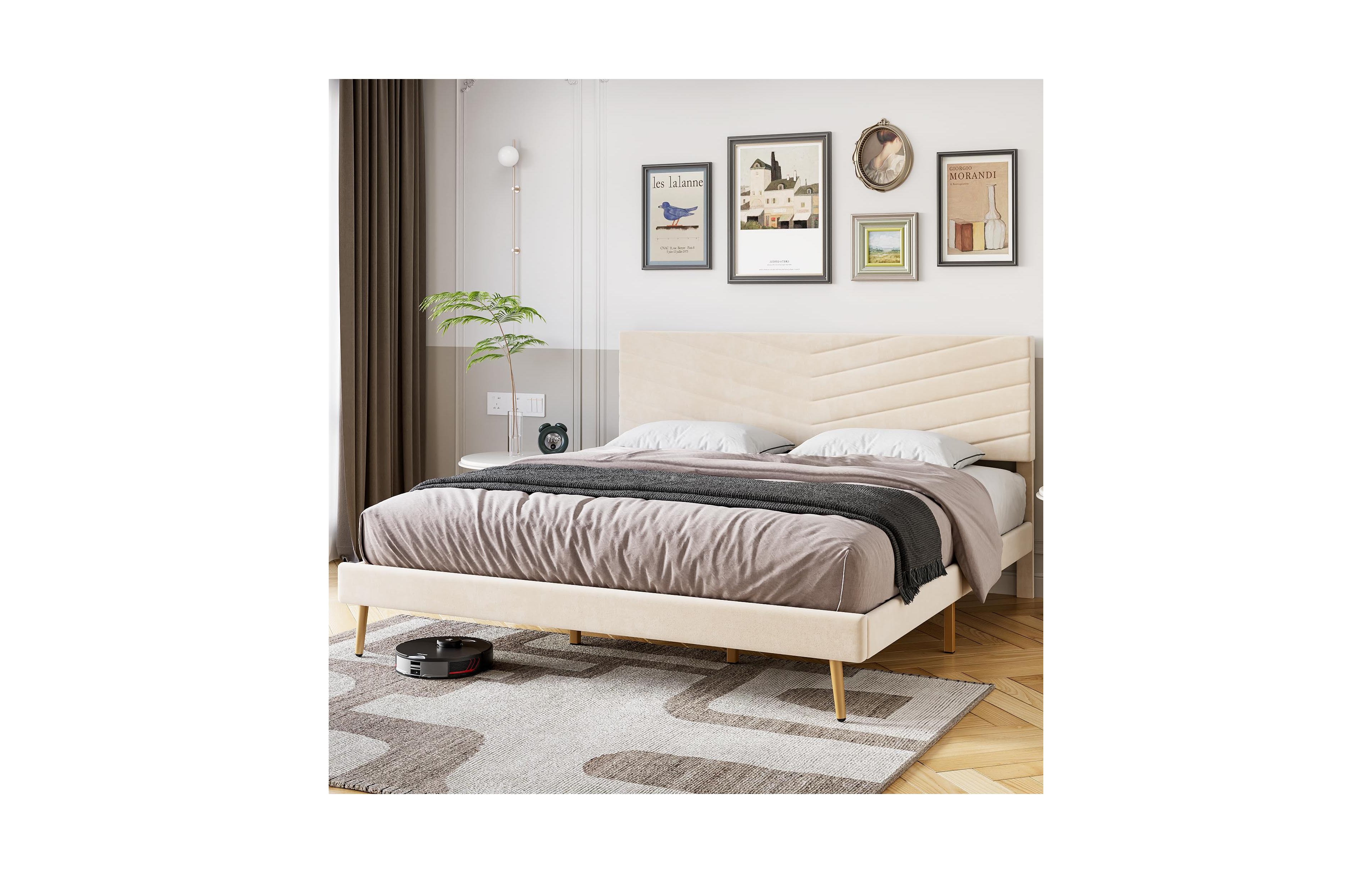 gaomon King Size Bed Frame with Velvet Upholstered Headboard