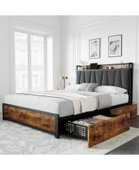 Full Size Bed Frame with Storage Linen Upholstered Headboard, 4 Drawers Platform Bed Frame