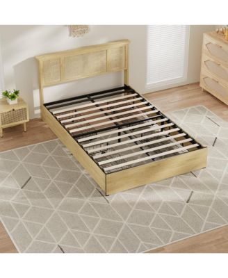 Full Bed Frame with Natural Rattan Headboard, 4 Storage Drawers, Slats, Bohemian-Style Cane Mattress Support
