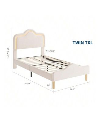 Upholstered LED Bed Frame with Headboard and Footboard Velvet Princess Platform Bedframe for Kids or Girls Wooden Slats Support No Box Spring