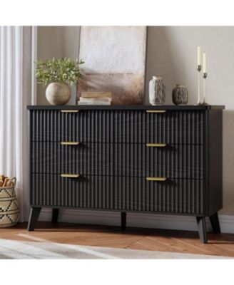 Fluted Dresser for Bedroom with 6 Deep Drawers, 47in Tall Chest of Drawers with Faux Marble Top, Curved Profile Design, Black