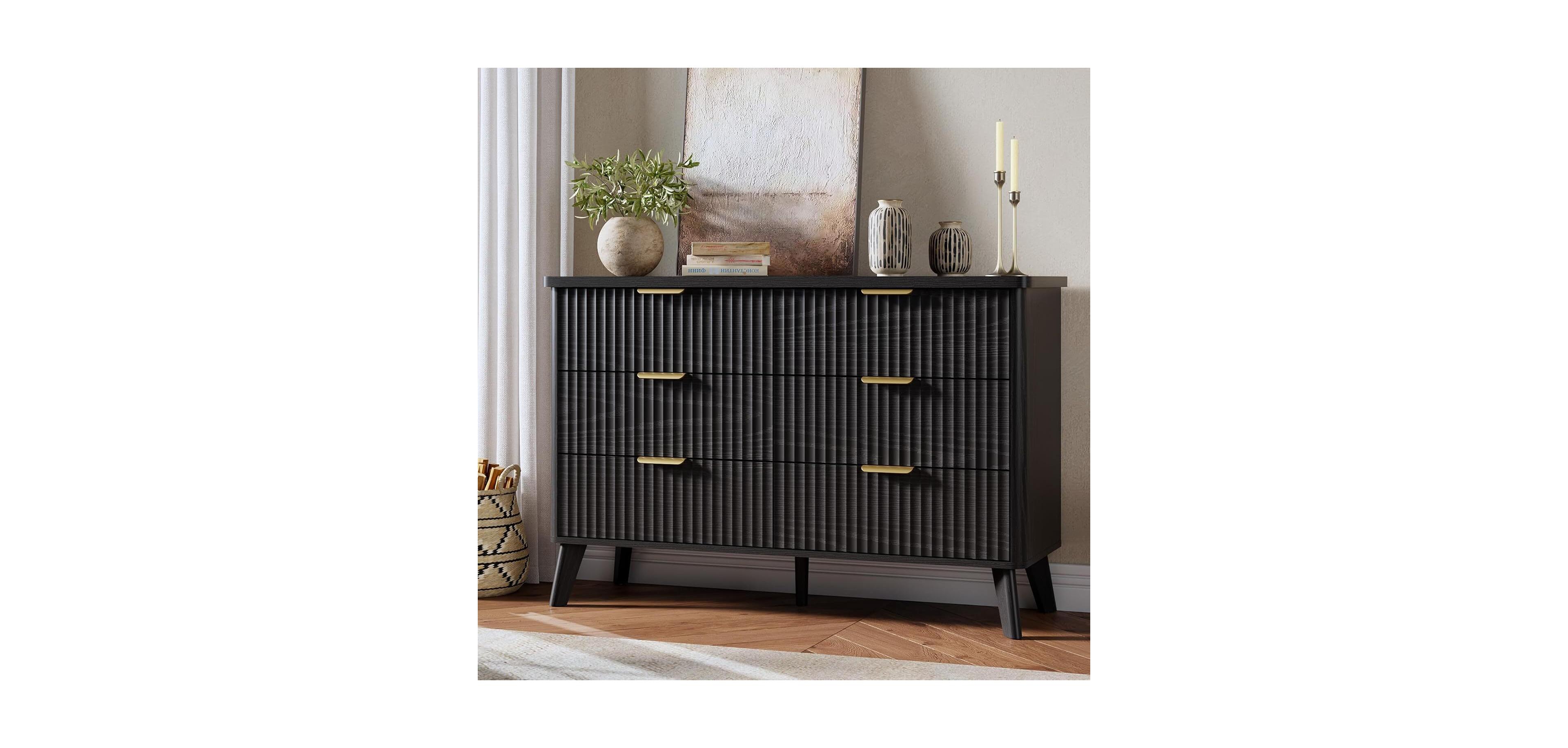 gaomon Fluted Dresser for Bedroom with 6 Deep Drawers, 47in Tall Chest of Drawers with Faux Marble Top, Curved Profile Design, Black