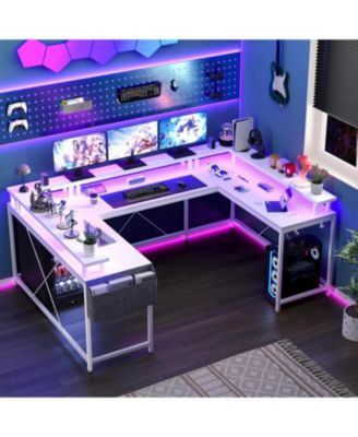 78" White U-Shaped Computer Desk with Power Outlets & RGB LED, Reversible L-Shaped Home Office Desk