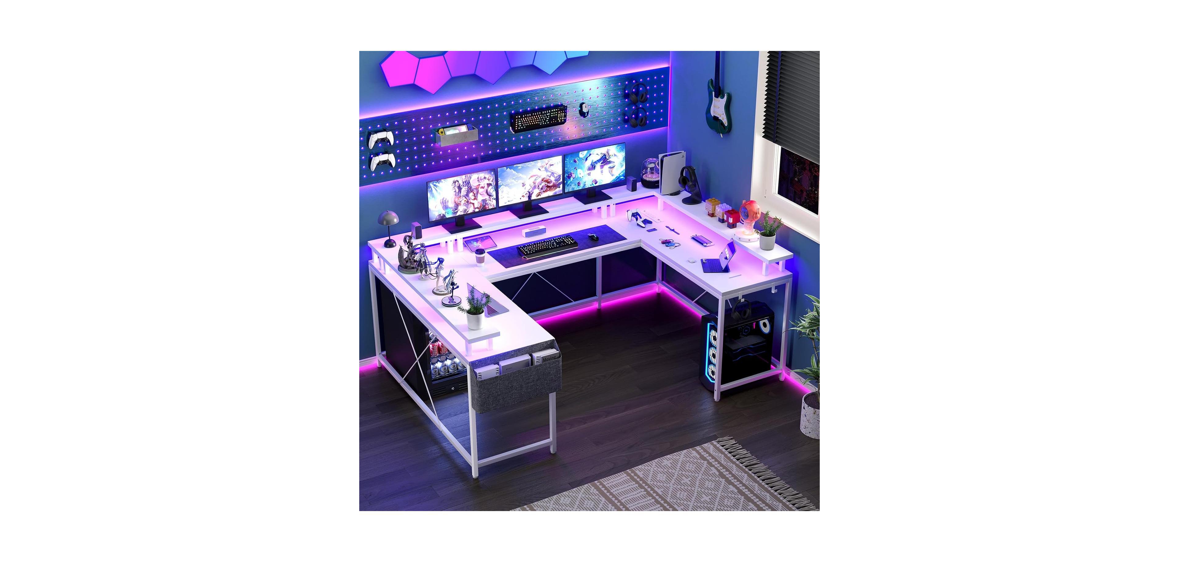 gaomon 78" White U-Shaped Computer Desk with Power Outlets & Rgb Led, Reversible L-Shaped Home Office Desk