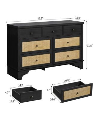 7-Drawer Modern Dresser for Bedroom, Wood Chest with Natural Rattan Fronts, Sturdy Base, Organizer for Living Room, Entryway, Hallway