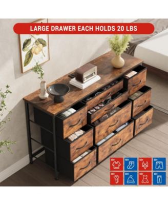 10-Drawer Wooden Storage Cabinet with Power Outlets, Steel Frame Tiger Stripe Fabric Dresser