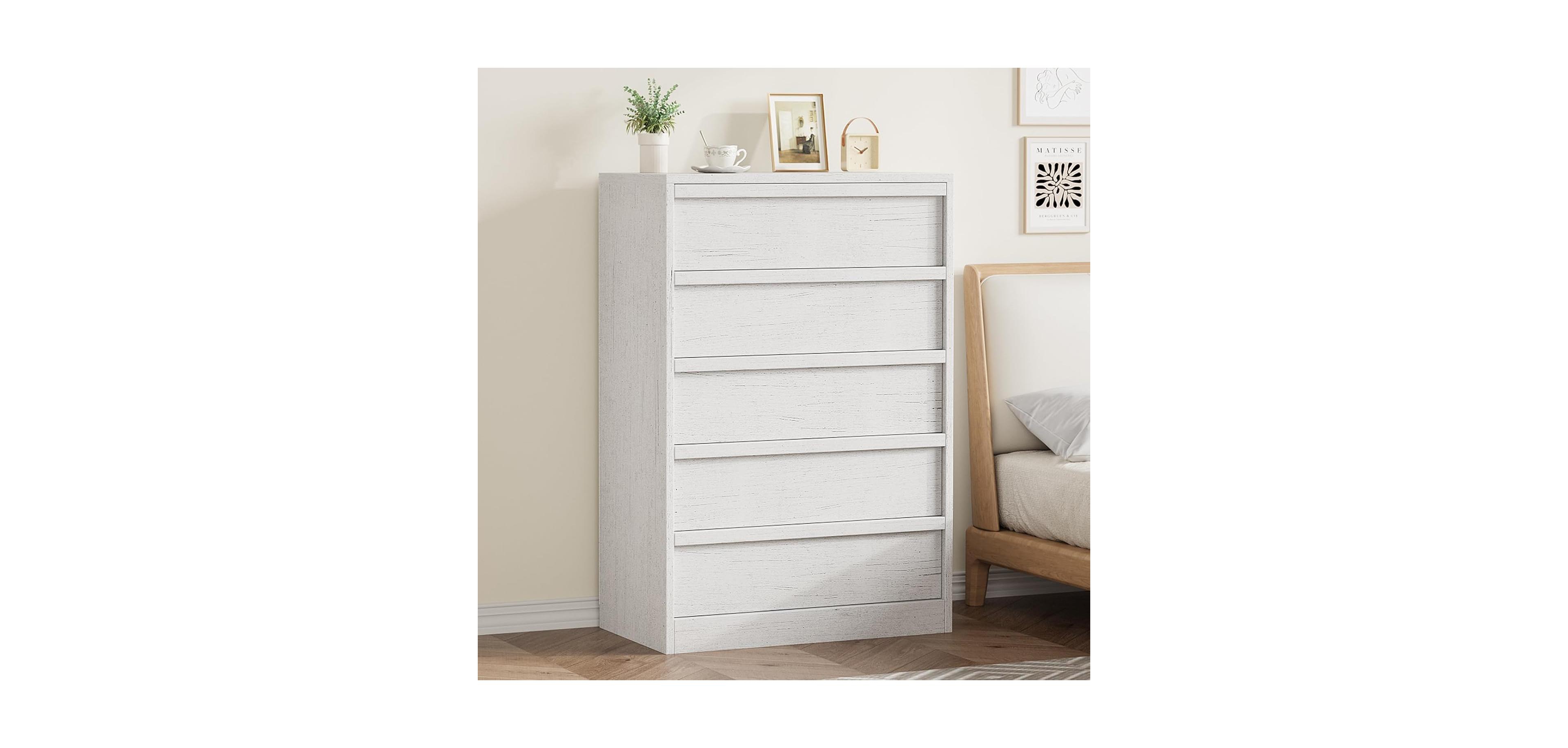 gaomon 5-Drawer Modern Tall Wooden Dresser, Large Drawers, Storage Organizer for Bedroom, Living Room, Nursery, White