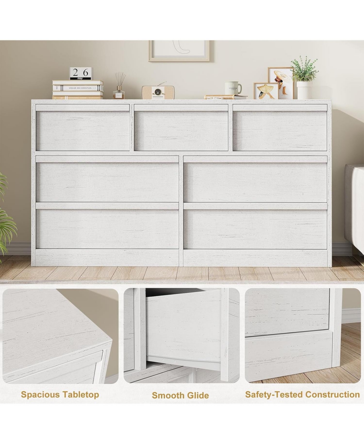 gaomon 7-Drawer Modern Double Dresser Organizer, Large Storage Wooden Chest for Bedroom, Living Room, Nursery, White