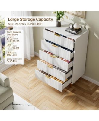5-Drawer Modern White Dresser, Wood Chest Organizer with Gold Handle, Tall Cabinet for Bedroom, Living Room, Entryway