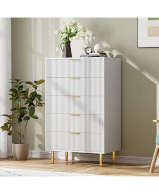 5-Drawer Modern White Dresser, Wood Chest Organizer with Gold Handle, Tall Cabinet for Bedroom, Living Room, Entryway