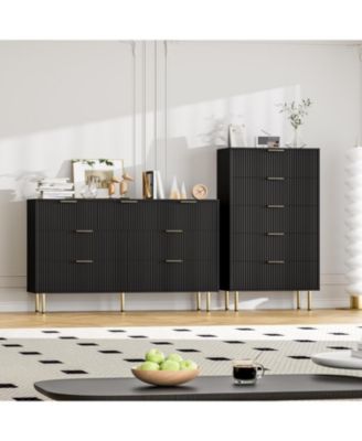  47.9" Wood Chest, Modern Storage Cabinet with Metal Handle - 5-Drawer Tall Dresser