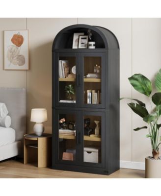 71.4 Inch Arched Bookshelf with Glass Doors, Rustic Premium Wood Display Cabinet for Living Room, Black