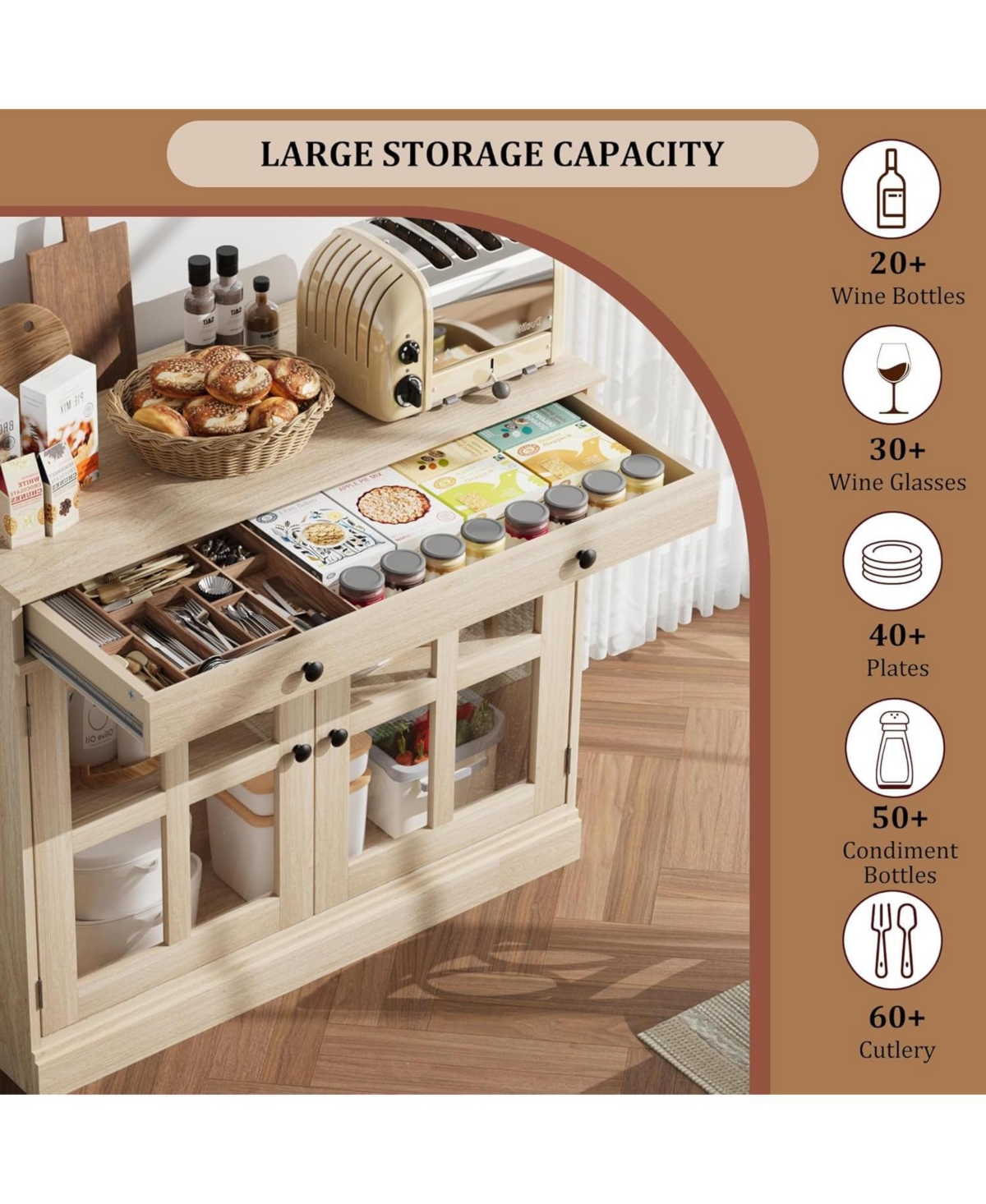 gaomon 35.4 Inch Oak Sideboard Buffet Cabinet, Glass Door, Drawer Storage, Modern Dining Room, Kitchen Cabinet