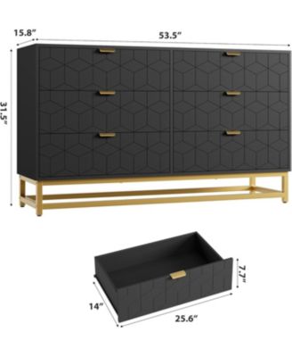 53.5 Inch 6-Drawer Modern Dresser, Wide Chest with Gold Metal Legs & Handles, Storage for Bedroom, Living Room, Hallway