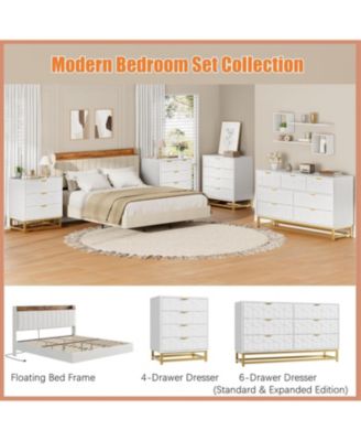 53.5 Inch 6-Drawer Modern Dresser, Wide Chest with Gold Metal Legs & Handles, Storage for Bedroom, Living Room, Hallway, White