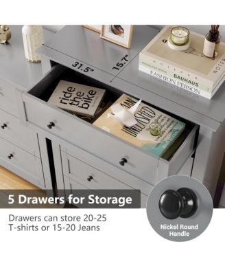 White 5 Drawer Modern Tall Nightstand, Deep Drawers, Nickel Round Handle, Chest Organizer for Bedroom