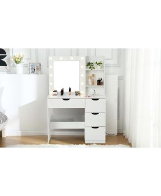 36 Inch Makeup Vanity Table with Lights, Lighted Mirror, Power Outlet, Modern Bedroom Dressing Desk